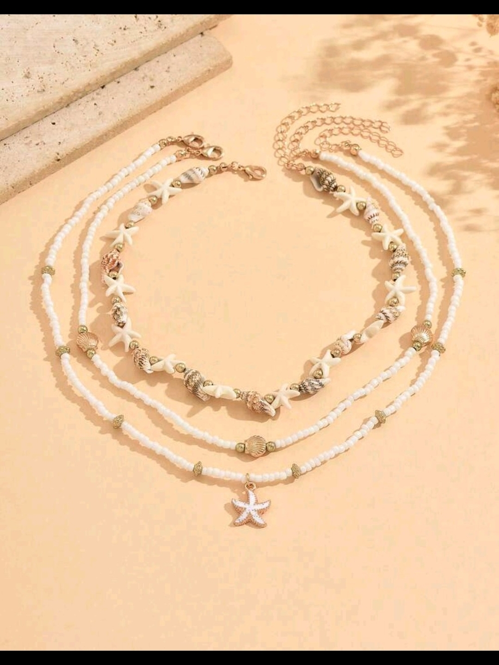 Beaded White & Gold Starfish Layered Necklace Set - Picture 2 of 3